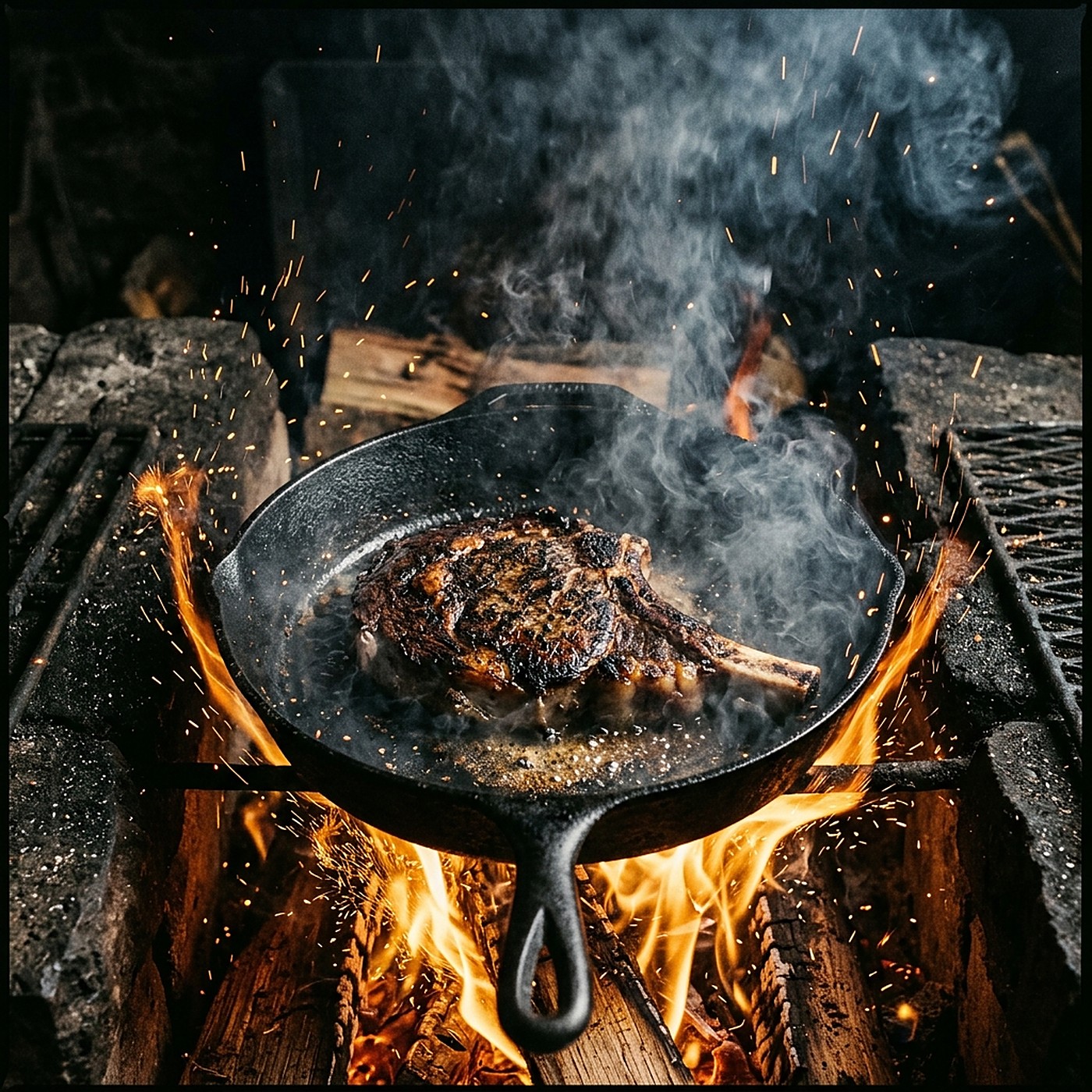 A Cinder skillet searing steak over flame